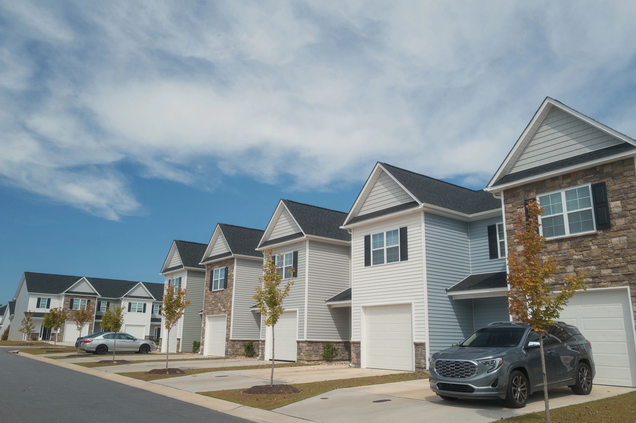 Townhome-style residences along a quiet street